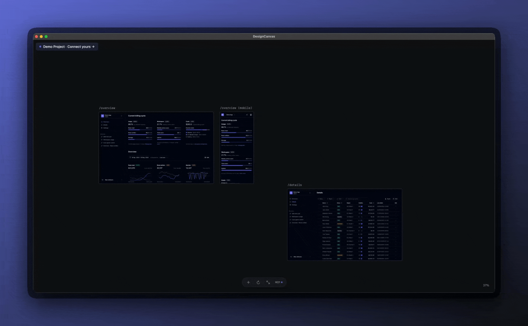 Design Canvas demo — pan and zoom across all your app screens