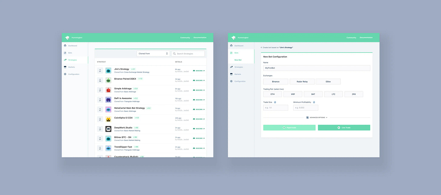 The proposed Hummingbot dashboard, with trading charts and bot controls.
